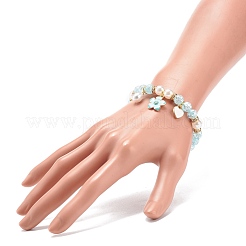 アクリルイミテーションパールストレッチブレスレット  女性のための合金エナメル ハート フラワー チャーム ブレスレット  淡いターコイズ  内径：2-1/4インチ（5.6cm）&nbsp;BJEW-JB08447-02