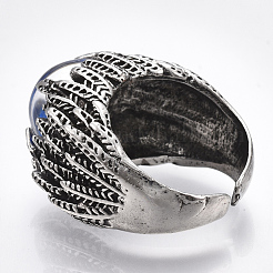 合金ガラスカフ指輪  ワイドバンドリング  ドラゴンアイ  アンティークシルバー  きいろ  サイズ10  20mm&nbsp;RJEW-T006-05D