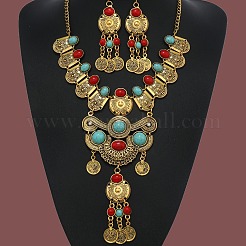 Комплекты из колье и серег с подвесками из сплава с плоскими круглыми кисточками и синтетической бирюзы FS-WG5CFCA-01