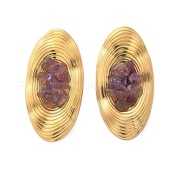 楕円形のステンレススチールスタッドピアス  18KGP本金メッキ  天然アメジストと  36x18mm&nbsp;EJEW-D303-01G-03