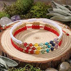 3 bracelet tressé ajustable en perles rondes de pierres naturelles et synthétiques mélangées&nbsp;ZZ4943-8