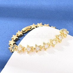 Браслеты из латуни с микропаве из прозрачных кубических цирконий и звеньями в форме звезды.&nbsp;BJEW-F528-02G