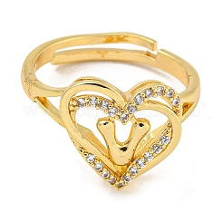 Anillos ajustables de circonita cúbica transparente con micropavé de latón chapado en forma de corazón y letras para mujer&nbsp;RJEW-I105-01G-V