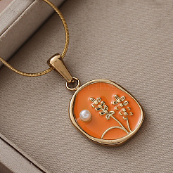 Женские ожерелья с подвеской в виде цветка из хирургической нержавеющей стали 316 с эмалью и искусственным жемчугом&nbsp;JX9312