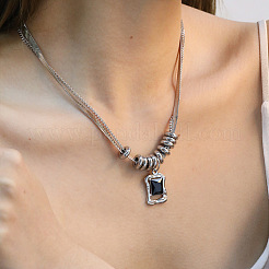 Collares con colgante rectangular de acero inoxidable 304 con ágata negra natural (teñida y tratada térmicamente) para mujer.&nbsp;WG07BA4-01