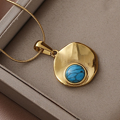 Женские ожерелья с подвесками из нержавеющей стали 304 с окрашенной синтетической бирюзой в виде диска&nbsp;ON4830