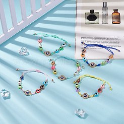 樹脂ナザールボンジュウ編組ビーズ ブレスレット  女性用クリスタルラインストーンフラットラウンドリンクブレスレット  ミックスカラー  内径：1-3/4~3-1/4インチ（4.5~7.5cm）&nbsp;BJEW-JB08414