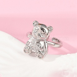 Открытые кольца-манжеты с медведем из латуни с микропаве из прозрачных кубических цирконий для женщин RJEW-G343-04P