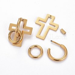 304ステンレススチールハーフフープピアス  スタッドのピアス  ピアスキャッチ付き  クロス＆リング  ゴールドカラー  24x19x24mm  ピン：1mm&nbsp;EJEW-F257-01G