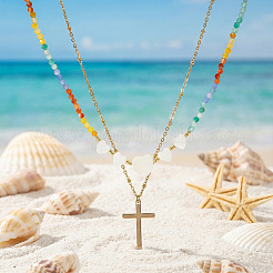 Sommerlicher Strand Regenbogen Naturstein- und Muschelherz-Doppellagen-Perlenkette mit Edelstahl-Kreuzanhänger&nbsp;EX6128-1