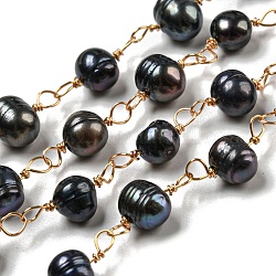 Cadenas de perlas de agua dulce cultivadas hechas a mano de 1 hebra, con alambre de cobre, soldada, real 18k chapado en oro, 6~10x7~9x4~7mm, aproximadamente 3.28 pie / hebra (1 m / hebra)
