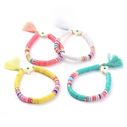 Handmade Polymer Clay Heishi Beads Stretch Bracelets, with Cotton Thread Tassel Pendants and Natural Freshwater Shell Beads, Palm with Evil Eye, Mixed Color, 2-1/4 inch(5.8cm)