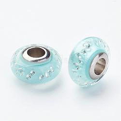 304 Stainless Steel Resin European Beads, with Cubic Zirconia and Enamel, Rondelle, Large Hole Beads, Pale Turquoise, 14.5x8mm, Hole: 5mm