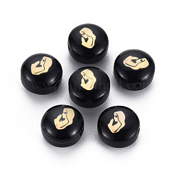 Handmade Lampwork Beads, with Golden Plated Brass Etched Metal Embellishments, Flat Round with Woman, Black, 8x5~6mm, Hole: 0.8mm