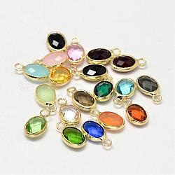 Oval Faceted Golden Tone Brass Glass Charms, Mixed Color, 12x7x3.5mm, Hole: 1mm