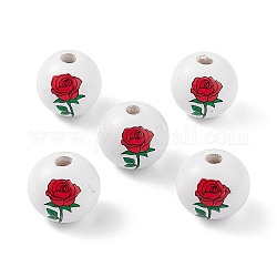 Perles européennes en bois naturel imprimées, perle avec trou grande, ronde avec motif de fleurs, rouge, 19mm, Trou: 4mm