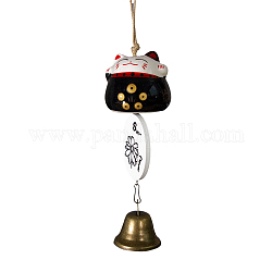 Maneki Neko in porcellana da appendere con campanelli eolici, feng shui gatto fortunato per interni auto campane ornamenti appesi, nero, 450x55mm