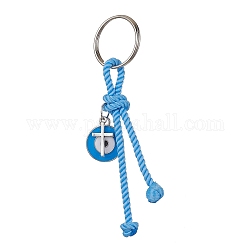 Porte-clés pendentifs en émail en alliage de zinc croix et mauvais œil, avec cordon en polyester et anneau fendu en fer, lumière bleu ciel, 10 cm