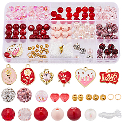 Kit de fabrication de bracelets Sunnyclue DIY pour la Saint-Valentin, y compris argile polymère, perles de verre et acryliques, Pendentifs en alliage coeur, ovale et mot amour, rose, 178 pcs / boîte
