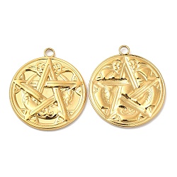 304 Stainless Steel Pendants, Flat Round with Moon & Star Charm, Real 18K Gold Plated, 30x26.5x2.5mm, Hole: 3mm