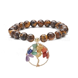 Bracelet extensible en oeil de tigre naturel, yoga chakra mixte pierres précieuses chips arbre de vie bracelet à breloques pour femme, diamètre intérieur: 2 pouce (5.2 cm)