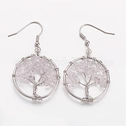 Dangle Earrings, with Natural Quartz Crystal Beads and Brass Hooks, Ring with Tree of Life, 50mm, Pin: 0.6mm