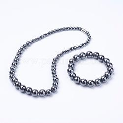 Electroplate magnetische synthetische Hämatit Schmucksets, abgestufte Perlen Halsketten und Armbänder, Runde, Grau, 18.2 Zoll (46.3 cm), 2-1/4 Zoll (57 mm)