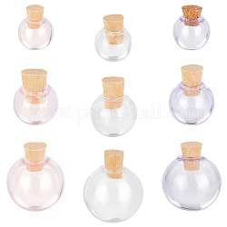 PandaHall Elite 9 Sets 9 Style Transparent Glass Bottles Pendants Small DIY Bottles with Cork, Round, Mixed Color, 10~16x11~17mm, Inner Diameter: 3~4.5mm, 1 set/style