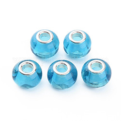 Glass European Beads, Large Hole Beads, with Silver Tone Brass Double Cores, Rondelle, Deep Sky Blue, 14.5x11.5mm, Hole: 5mm