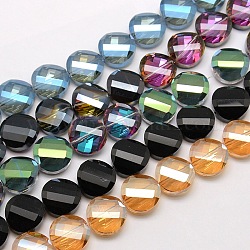 Abalorios de vidrio redondos planos de vidrio electrochapa hebras, facetados, color de chapado, color mezclado, 14x6mm, agujero: 1 mm, aproximamente 50 pcs / cadena, 27.5 pulgada