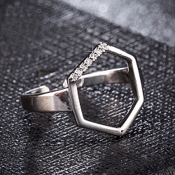 調節可能なステンレス鋼の指輪  カフスリング  オープンリング  キュービックジルコニア付き  六角  ステンレス鋼色  透明  15x13mm