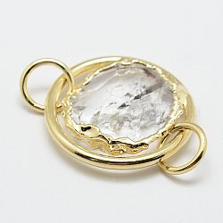 Natural Quartz Crystal Links connectors, with Jump Rings and Brass Findings, Flat Round, Golden, 30x6~8mm, Hole: 8mm
