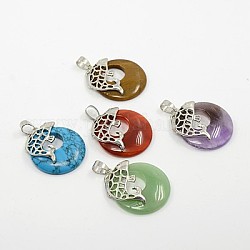 Gemstone Pendants, with Brass Findings, Flat Round with Fish, Platinum Metal Color, Natural & Synthetic Mixed Stone, 33.5x28x5mm, Hole: 4.5x7mm
