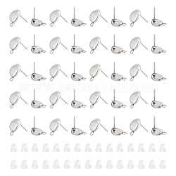 Unicraftale 50 pièces 201 accessoires de boucles d'oreilles ovales en acier inoxydable, avec 304 épingles en acier inoxydable et boucles horizontales et 80 écrous en plastique, couleur inoxydable, 12x7mm, Trou: 1.6mm, pin: 0.7 mm