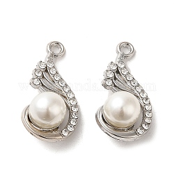 Lega con pendenti in strass, con abs imitazione perla, ciondoli a goccia, platino, 24.5x12x9mm, Foro: 1.6 mm