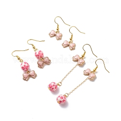 3 Pairs 3 Style Pink Alloy Enamel Charms & Resin Beads Dangle Earrings, Valentine Theme Brass Jewelry for Women, Golden, Bowknot Pattern, 26~65mm, Pin: 0.5mm