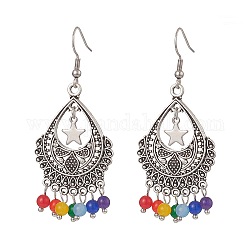 Dyed Natural Malaysia Round Beaded Alloy Teardrop Chandelier Earrings, 304 Stainless Steel Jewelry for Women, Antique Silver, 61.5mm