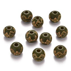 Perles de bois naturel peintes, motif gravé au laser, ronde avec motif de fleurs, olive, 10x9mm, Trou: 3mm