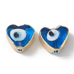 Brass Beads, with Enamel, Real 18K Gold Plated, Heart with Evil Eye, Dodger Blue, 14.5x16x7mm, Hole: 1.6mm