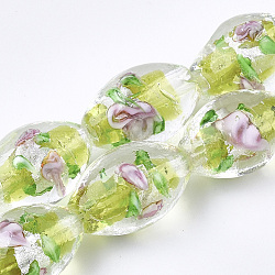Handmade Silver Foil Glass Lampwork Beads, Oval with Flower, Green Yellow, 16~17x9~11mm, Hole: 1.5~2mm