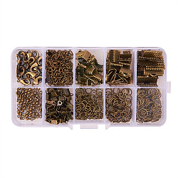 PandaHall Elite 1Box/440 pcs Jewelry Findings Sets, with Iron Folding Crimp Ends & Ribbon Ends & Jump Rings & Twist Chains, Alloy End Piece and Brass Lobster Claw Clasps, Antique Bronze
