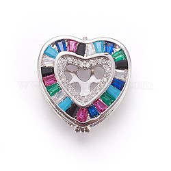 Brass Micro Pave Cubic Zirconia Slide Charms, Heart, Colorful, Platinum, 20x19.5x5mm, Hole: 2x11mm