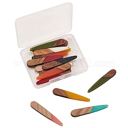 Pendentifs en résine & en bois, larme, couleur mixte, 44x7.5x3mm, Trou: 1.2mm, 2 pcs / couleur, 8 couleurs, 16 pcs / boîte
