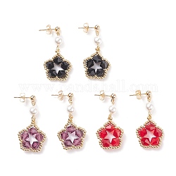 3 paire de boucles d'oreilles pendantes en forme de pentagone et de perles de coquillage, 3 couleurs, Boucles d'oreilles longues en fil enroulé pour femme, couleur mixte, 41mm, pin: 0.8 mm, 1 paire / couleur