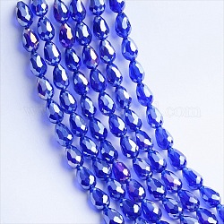 Chapelets de perles en verre transparent électrolytique, de couleur plaquée ab , facette, larme, bleu, 6x4mm