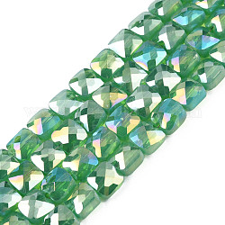 Chapelets de perles en verre opaque de couleur unie, de couleur plaquée ab , facette, carrée, vert de mer, 6.5x6.5x4.5mm, Trou: 1.2mm, Environ 97~99 pcs/chapelet, 25 pouce (63.5 cm)