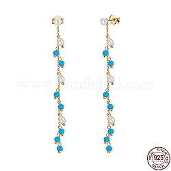 Dyed Natural Turquoise & Pearl Dangle Stud Earrings, 925 Sterling Silver Tassel Earrings, with S925 Stamp, Real 14K Gold Plated, 65mm
