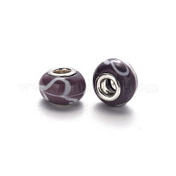 Perles européennes vernissées manuelles, perles de rondelle avec grand trou , en laiton de tonalité de platine noyaux doubles, brun rosé, 14~15x9~10mm, Trou: 5mm