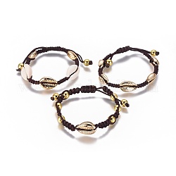 Bracelets de perles tressés en nylon, avec des perles de coquillage galvanisées et des perles rondes en laiton, shell cauris, or, 1-7/8 pouce ~ 2-1/8 pouces (4.95~5.5 cm)