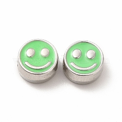 Emaille-Perlen aus Zahnstangenbeschichtung, Cadmiumfrei und Nickel frei und Bleifrei, flache Runde mit lächelndem Gesicht, Platin Farbe, Frühlingsgrün, 7.5x4 mm, Bohrung: 2 mm